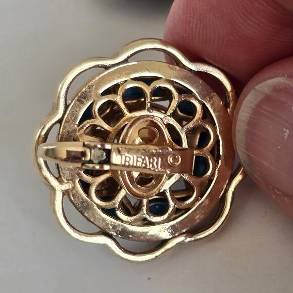 Crown Trifari Alfred Philippe Earrings Modern Mosaics Sapphire Turquoise Gold - Picture 7 of 7